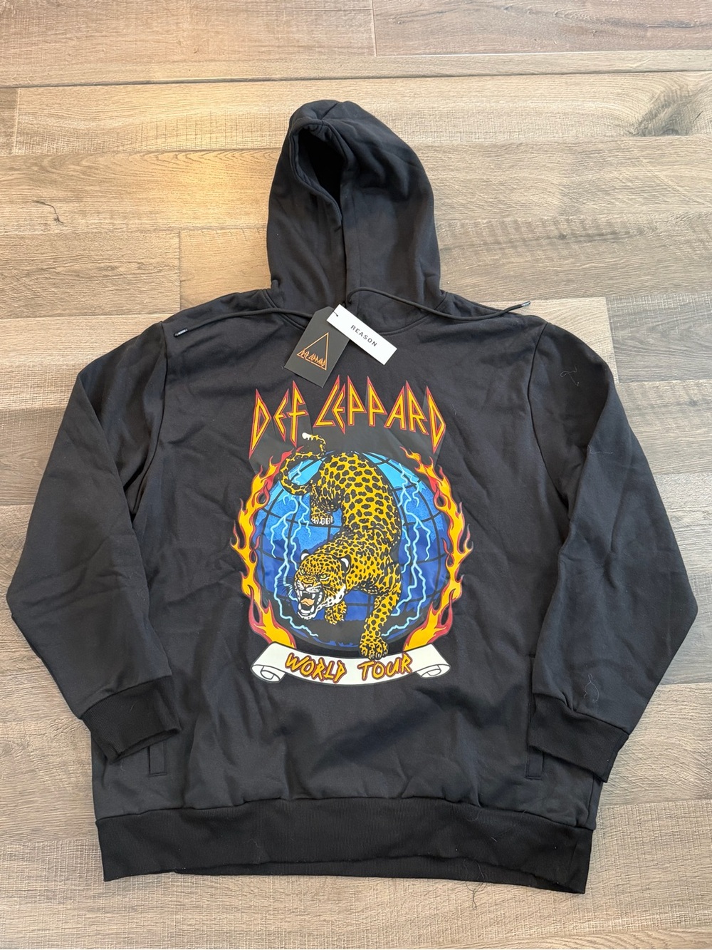 Reason Black Hoodie with Yellow Leopard and Blue Globe